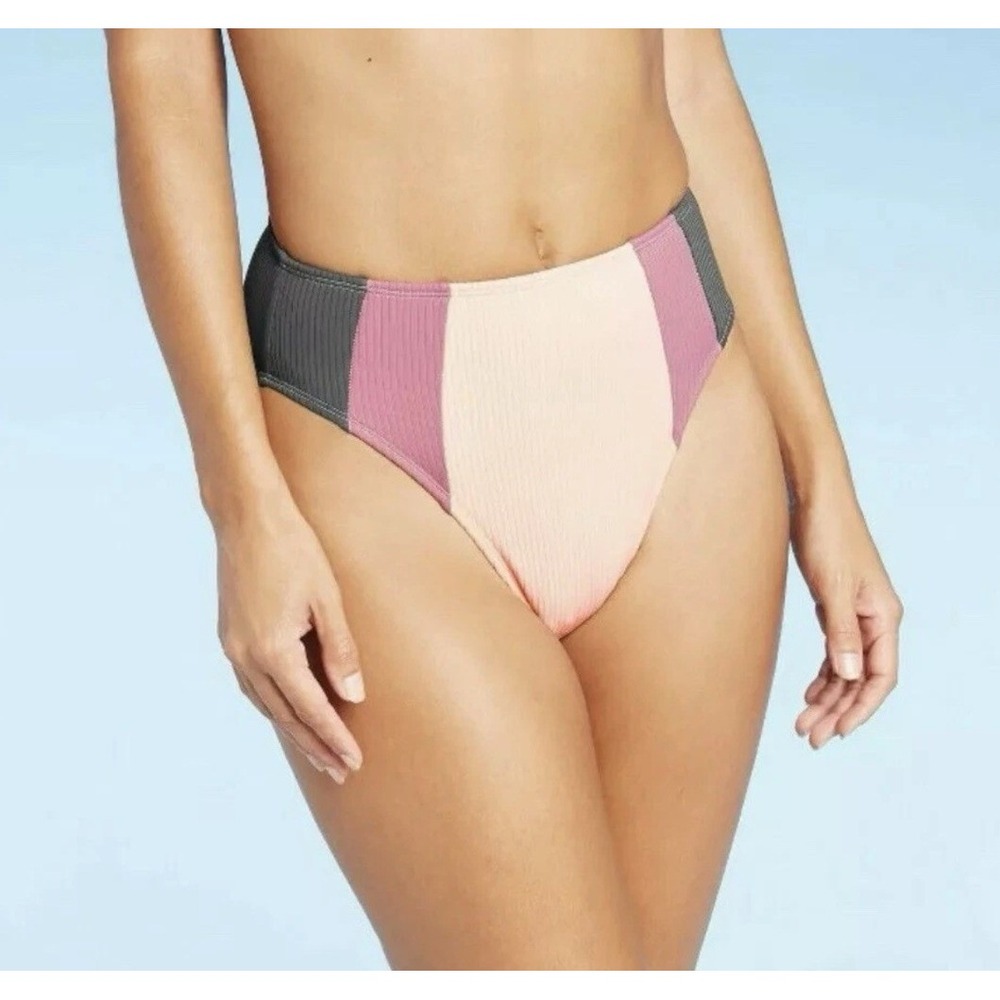 Xhilaration Womens Swim Bottom XL Multicolor Ribbed High Waist Colorblock NWT